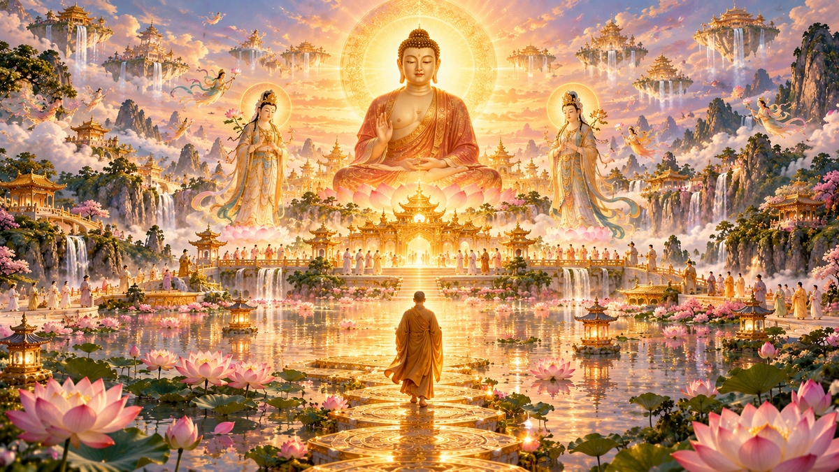 Amitābha v sijoči Čisti deželi, obdan z bodhisattvami, lotosi, templji in romarjem na svetlobni poti.