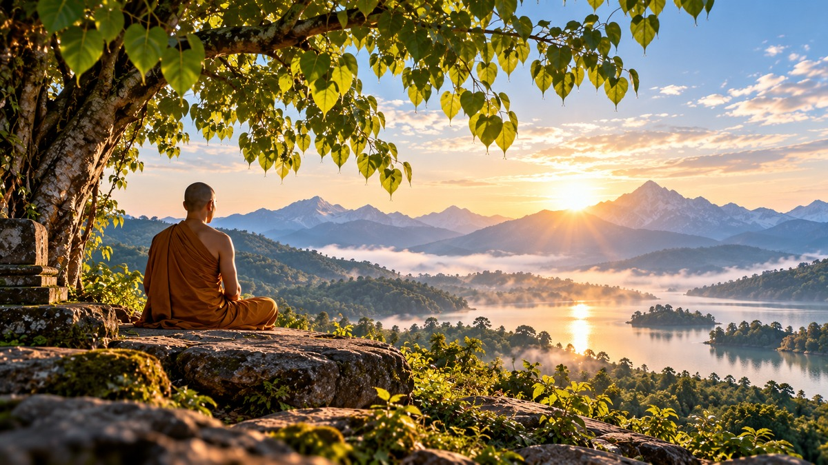 Samoten menih meditira pod drevesom nad rečno dolino, templji in oddaljenimi gorami ob sončnem vzhodu.
